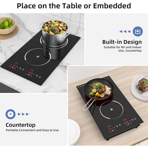 12“ Induction Cooktop, Double Induction Cooktop 2 Burner 110v-120v Electric Stove Top, Countertop and Built-in, 9 Power Levels, Child Lock, 120 Mins Timer