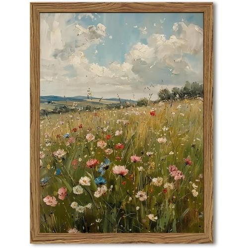 Vintage Wildflowers Wall Art, Vintage Botanical Wall Decor Paintings, Farmhouse Nature Colorful Flower Canvas Prints Artwork for Bedroom Living Room 24x16 inch Wood Framed
