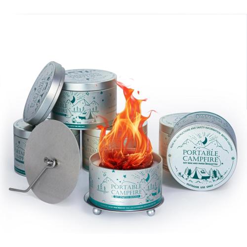 Portable Campfire, Holder and Extinguish Included, Reusable Fire Pit for Camping, Smores, Picnics - Made with Recycled Soy Wax Up to 3-5 Hours Burn Time - Tabletop Fireplace, Emergency Heat - 6 Pack