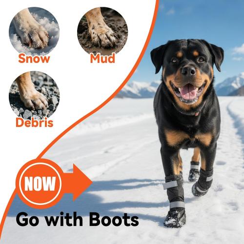4 PCS Dog Boots Waterproof Dog Shoes with Reflective, Anti-Slip Pet Paw Protectors for Snowy, Rainy and Hot Pavement, Black, Small
