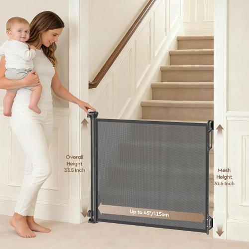 SPACEANY Retractable Safety Baby Gate or Mesh Dog Gate,Durable Portable Mesh Retractable Gate,Easy to Use for Stairs, Doorways, Hallways, Indoor, Outdoor, 33.5 Tall, Up to 45 Wide, Black