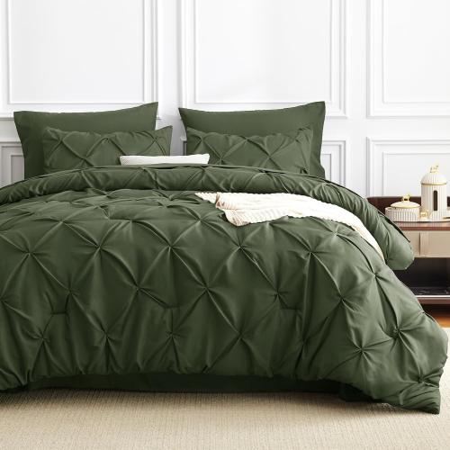 CozyLux California King Comforter Set Olive Green, 7 Pieces Cal King Pintuck Bed in A Bag, Pinch Pleat Bedding Sets with All Season Comforter, Flat Sheet, Fitted Sheet, Pillowcases & Shams
