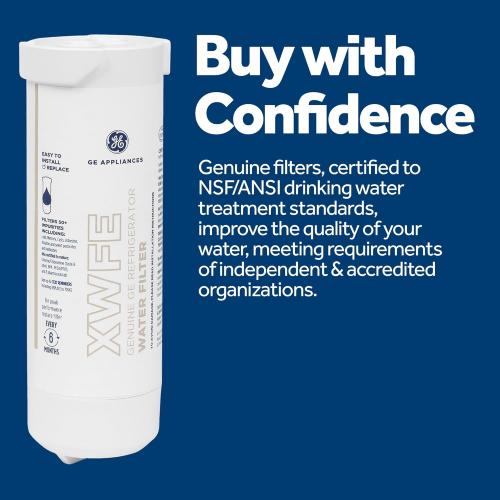 GE XWFE Refrigerator Water Filter, Genuine Replacement Filter, Certified to Reduce Lead, Sulfur, and 50  Other Impurities, Replace Every 6 Months for Best Results, Pack of 1