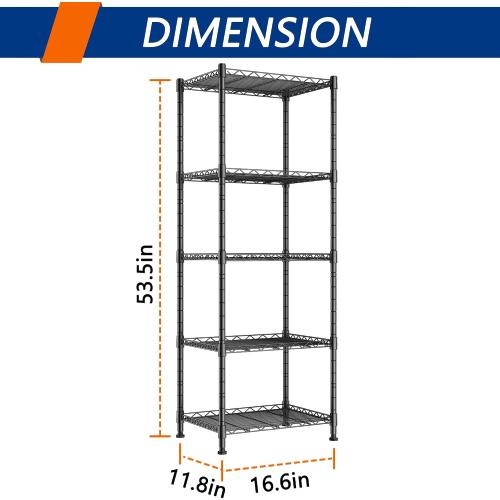 Black,11.8 D x 16.6 W x 53.5 H REGILLER 5-Wire Shelving Metal Storage Rack Adjustable Shelves,Standing Storage Shelf Units for Laundry Bathroom Kitchen Pantry Closet