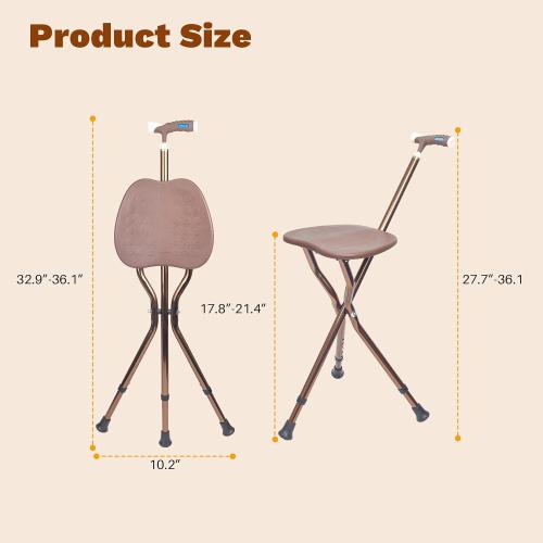 Color Brown UNLICON-Brown Folding Cane Stool with Seat – Lightweight Adjustable Walking Cane for Seniors, Ergonomic Design, 330 lbs Capacity, Portable and Convenient Cane Chair with Anti-Slip Feet