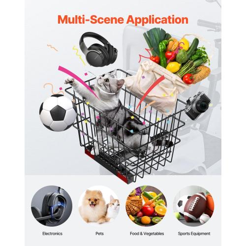 VEVOR Scooter Rear Basket, Heavy Duty Metal Wire Basket with Handle, Spacious Cargo Basket, Works with 1-inch Receiver, Compatible with Most Golden, Drive & Pride Mobility Scooter