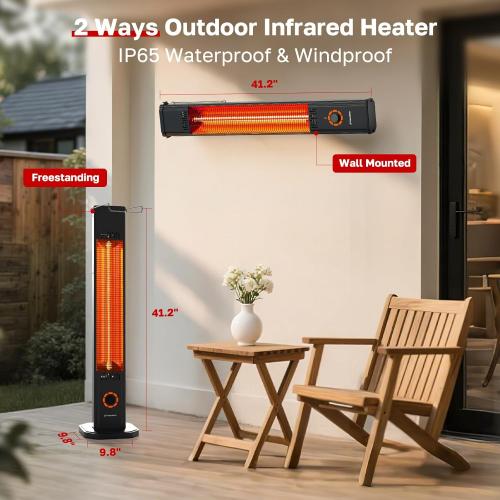 Outdoor Electric Patio Heater, ThermoMate 1500W Freestanding & Wall-mounted Infrared Heater with Remote, 8 Heat Levels, 8H Timers, Tip-Over & Overheat Protection, IP65 Waterproof Tower Space Heater