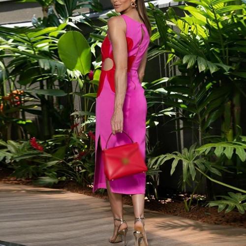 Color Pink Sunfere Women's Sexy Waist-Baring Dress Sleeveless Backless Spaghetti Square Neck Long Dress Side Slits Suspender Dress