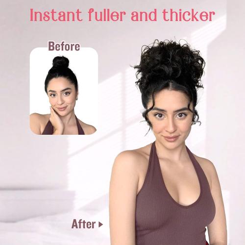 Color Brown HOOJIH Curly Hair Bun, Elastic Drawstring Loose Wave Messy Bun 1PC Large Full Hair Bun Extension Hairpiece Short Synthetic Ponytail Extension for Women - Medium Cool Beige Brown