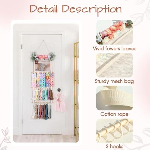 Color Pink Headband Holder Hair Bows Organizer for Girls, Hair Accessories Display Storage Wall Hanging Decor for Baby Nursery Toddler Girls Room