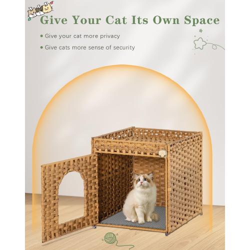 18.5 x 20.5 x 19.1 Cat Litter Box Enclosure Furniture, Hidden Litter Box with Mat and Fence, Handwoven Rattan Cat House with Two S-Shaped Hooks for Living Room, Bedroom, 18.5 x 20.5 x 19.1 Inches (Natural)
