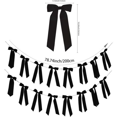 2 Pack Black Bow Garland Banner - 16 Prestrung Satin Black Bows Garland for Bridal Shower Decorations,Bachelorette Party, Birthday Party, Wedding Wall & Holiday Decor Coquette Decor