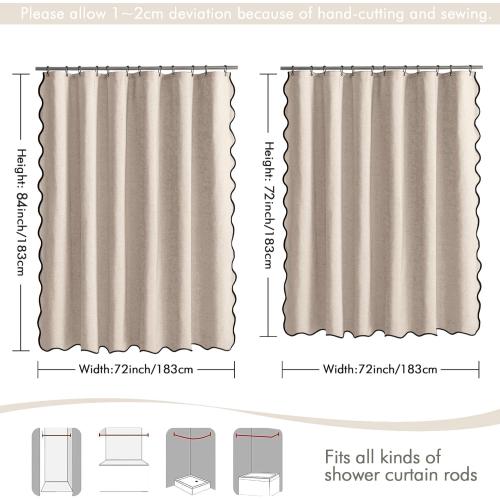 MIULEE Beige 84 Long Scalloped Shower Curtain Linen Textured with 12 Metal Hooks Cute Extra Long Heavy Duty Washable Waterproof Cloth Shower Curtains with Black Border for Bathroom Hotel Bathtub
