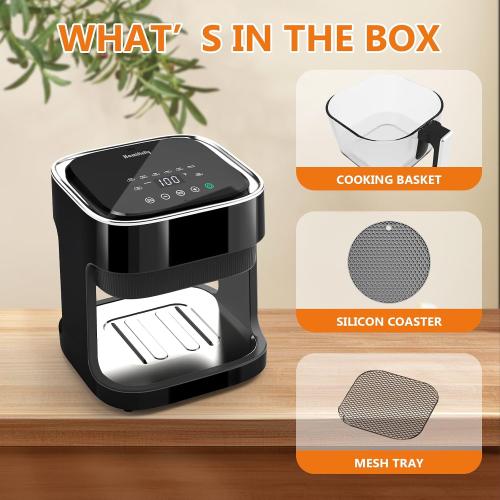 Glass Air Fryer, Non-Toxic Borosilicate Glass Basket with 360° View, Upgraded Food-Grade Stainless Steel Tray, 8-in-1 One-Touch Presets, Teflon-Free & Dishwasher Safe, Black