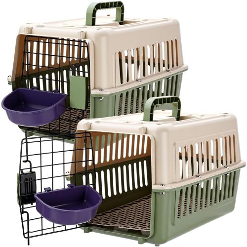 2 Set Hard Plastic Pet Carrier Breathable Dog Cat Kennel with Metal Door Bowl Grille Mat Pet up to 14 Lbs Carrier for Walking Camping Vet Visits Travel, 17.3L x 11.8W x 10.6H(Green White)