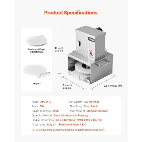 VEVOR Electric Pizza Dough Press Machine, 6 Inch Pizza Pastry Press Plate, Stainless Steel Bread Presser, Commercial Forming Machine with Adjustable Thickness and 100 Sheets of Parchment Paper