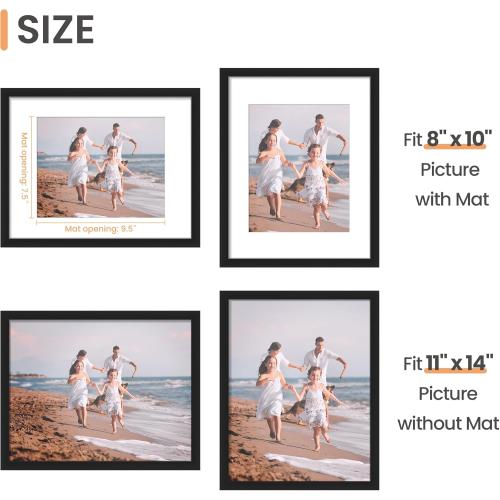 upsimples 11x14 Picture Frame, Display Pictures 8x10 with Mat or 11x14 Without Mat, Wall Hanging Photo Frame, Black, 1 Pack