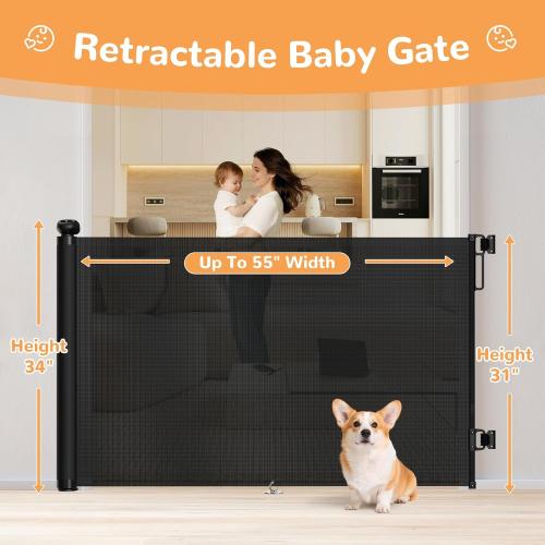 Retractable Baby Gate for Stairs - 34 Tall Extends to 55 Wide Mesh Baby Gate with Anti-Crawling Hook, Adjustable Baseboard Bracket, Pet Gate for Doorways, Hallways, Indoor, Black