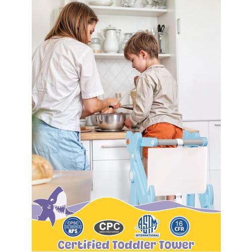 VBABY Foldable Toddler Tower, Plastic Kitchen Stool Helper for Kids, Adjustable Height Standing Tower, Certified Toddler Step Stool, Blue