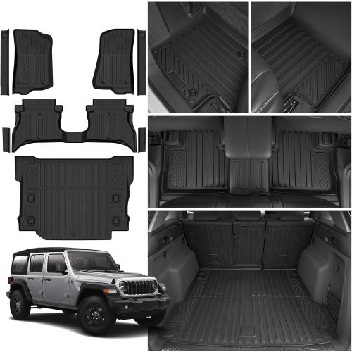 Floor Mats for 2018-2026 Jeep Wrangler 4XE 4 Doors(Not for JL or JK), Cargo Mat, All Weather TPE Cargo Liner Replacement Protection for Jeep Wrangler Accessories Door Sill Guards
