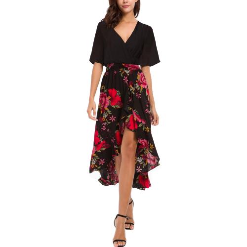 Kormei Womens Short Sleeve Floral High Low V-Neck Flowy Party Long Maxi Dress