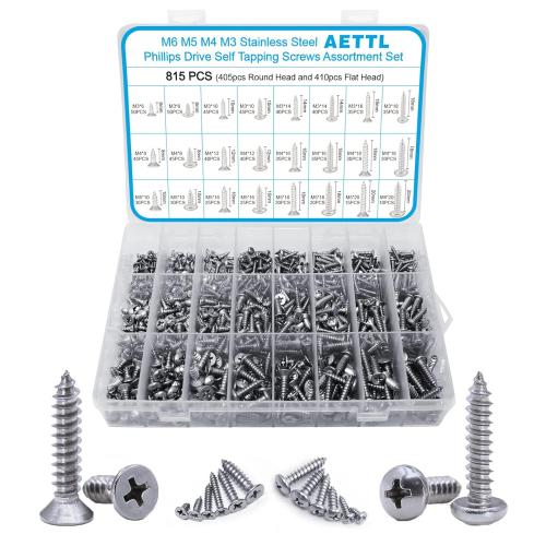 815pcs M6 M5 M4 M3 Wood Screws Assortment Kit, Metric Stainless Steel Assorted Self Tapping Screws Set Truss Flat Pan Head Phillips Drive Drilling for Deck Drywall Concrete Sheet Metal