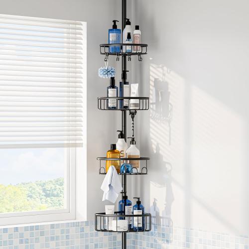 Corner Shower Caddy Tension Pole: Stainless Steel Rustproof 4-Tier Shower Organizer - 47-121 inch Adjustable Bathroom Shelves for Bathtub Shampoo Storage - Tension Rod Floor Standing Bath Rack - Black