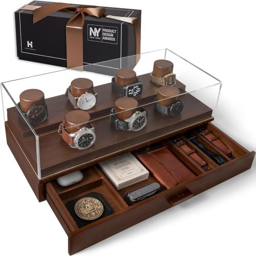 Holme & Hadfield Premium 7-Slot Wooden Watch Display Case with Lifetime Assurance – Large Handcrafted Men’s Watch Box with Accessory Drawer – Father’s Day Gift for Collectors – Luxury Built to Last