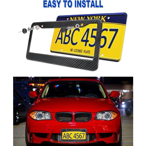 Carbon Fiber License Plate Frame- Stainless Steel Car Tag Holder Wrapped with Real Carbon Fiber, 2 Hole Wide Edge, Anti-Theft Screws Caps, Rattle-Proof Pad, 1 Pack for Front or Rear