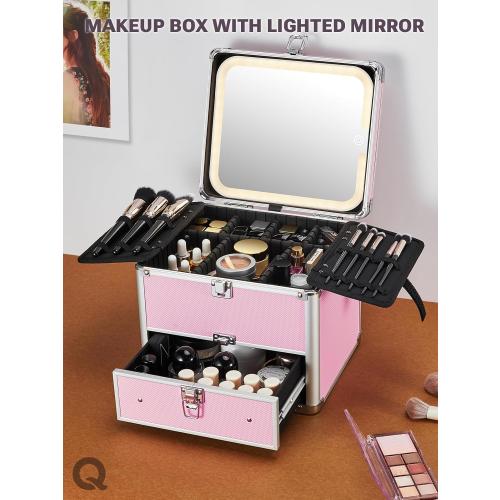 Qislee Makeup Box with Drawer and A Detachable Lighted Mirror, Waterproof Travel Train Case, Cosmetic Organizer and Makeup Suitcase with Adjustable Dividers, Magnetic LED Mirror (ICY Pink)