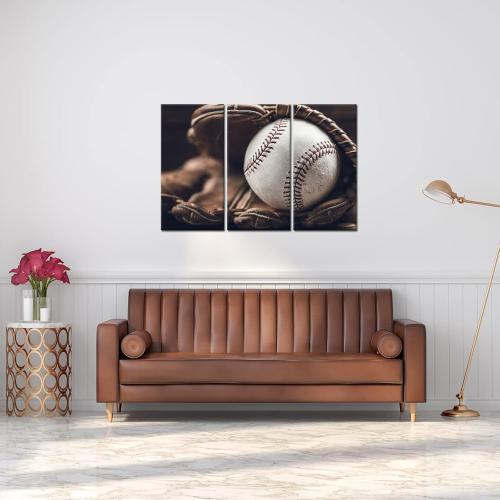 iLOOKLiKE 3 Panels Retro Baseball Canvas Wall Art Vintage Baseball in Glove Poster Sports Pictures Wall Decor for Boy's Room Living Room Decoration Stretched and Framed Each Size Medium