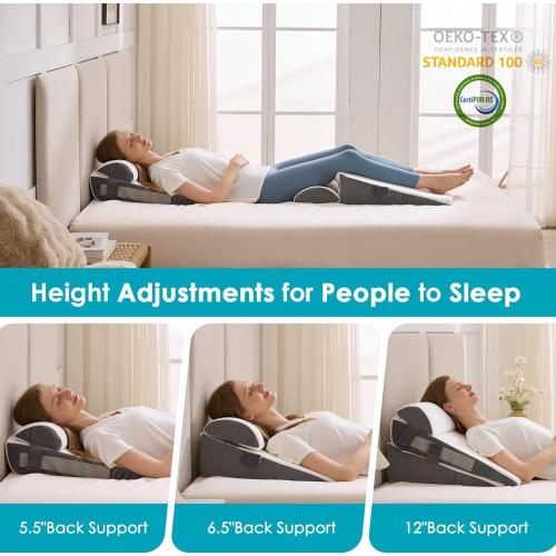 3Pcs Wedge Pillow Set for After Surgery,Acid Reflux Relief, Adjustable Bed Wedge Pillows for Sleeping,Anti Snore, Memory Foam Triangle Pillow for Back&Neck&Shoulder Pain Relief, White&Grey