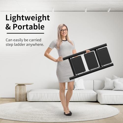 Step Ladder 3 Step Folding, Small Step Stool for Adults, Portable Anti-Slip Iron Stepladder with Wide Pedals for Home and Kitchen Use, Space Saving - Black (300 lbs)