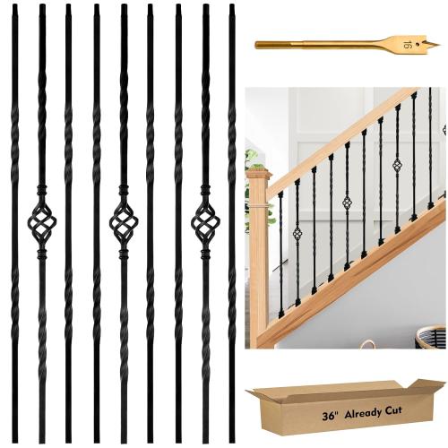 9 Pack Iron Stair Balusters, 36 Balusters for Staircase Interior, Stair Spindles Hollow Single Basket with Knuckles Double Twist 1/2 Square Metal Stair Wrought Iron Balusters (Pre-Cutting)