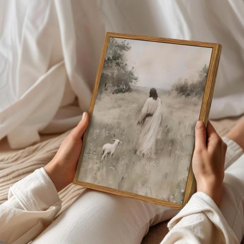 Jesus Leaves The 99 Sheep Wall Art Painting, Vintage Shepherd Christian Wall Decor Lost Lamb Religion Artwork 3D Textured Hand Drawn Sandstone for Living Prayer Room Bedroom 24x36 inch Wood Framed