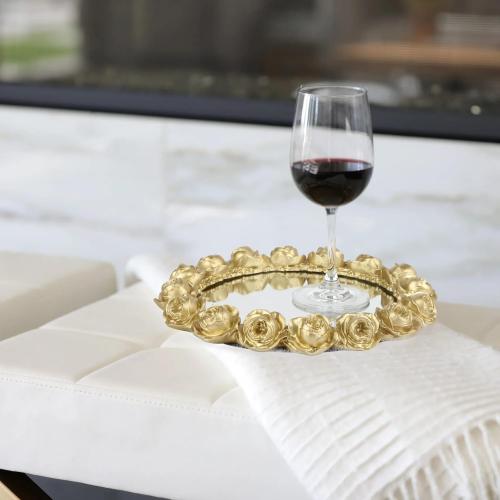 Color Gold Vixdonos Decorative Round Mirror Tray Bathroom Vanity Tray with Gold Resin Rose for Perfume,Jewelry and Makeup