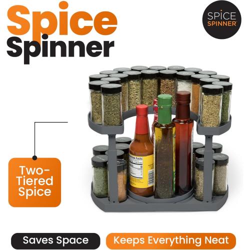 2-Tier Spice Rack Organizer for Cabinet | Rotating Lazy Susan Spice Organizer Holds 40 Spice Jars | Countertop & Pantry Spice Shelf for Kitchen Organization & Storage (Gray)