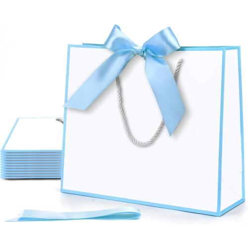 MOXARYSU Gift Bags With Handles: 11.8x4x10 Inch 3pcs Medium Large With Bow Ribbon For Wedding Thanks Bridesmaid Birthday Party (White-Light Blue