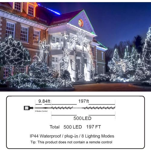 KNONEW 197FT 500 LED Christmas Lights Outdoor String Lights 8 Modes & Memory Fairy Light Plug in Waterproof LED String Lights for Xmas Yard Tree Wedding Party Holiday Decorations (Cool White)