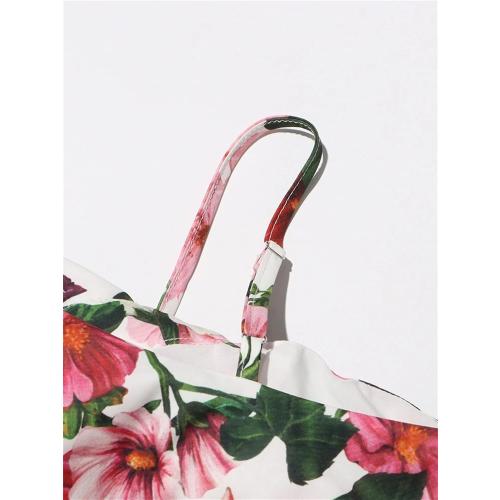 Women's XL Floral Printing Mini Dress Square Collar Sleeveless High Waist Ruffles Dresses