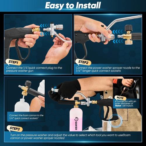 Saker Foam Cannon Dual Connector Accessory for Pressure Washer Kit,with Foam Cannon Dual Connector,Pressure Washer Gun for Car Washing and Cleaning,5 Power Washer Sprayer Nozzles
