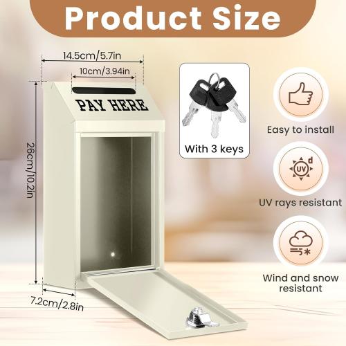 Yaocom Metal Money Cash Box,Beige,10.2 X 5.7 X 2.8 Inch | Wall Mount Pre-drilled Farm Stand Outdoor, Lockable Drop Slot for Donations, Pay Here Self-serve Safe Cash Lock Box