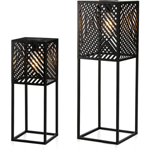 Size Medium and Large Color Black Glitzhome Outdoor Solar Floor Lamps 2pcs Black Metal Stripes Geometric Solar Lights with Edison Bulbs for Garden Patio Yard Outdoor Decors