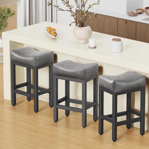 Raynesys Counter Height Bar Stools Set of 3, 24 Inch Barstools for Kitchen Island Counter, Bonded Leather Kitchen Stools with Thick Saddle Seats & Heavy Duty Metal Base, Easy Assembly, Gray/Black