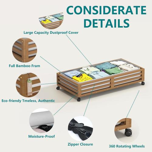 Bamboo Under Bed Storage Containers- Underbed Organizer with Wheels with Large Capacity Dust Bag,Sturdy Wood Rolling Under Bed Shoe Storage Organizer Drawer 2 Packs (Walnut, Long)