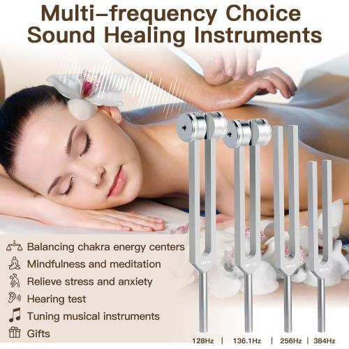 Tuning Forks for Healing Set - Weighted & Unweighted Tuning Fork(128Hz, 136.1Hz, 256Hz, 384Hz) with Reflex Hammer, Healing Instrunments for Sound Therapy & Meditation