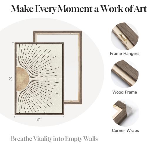 Framed Large Boho Neutral Abstract Wall Art for Living Room, Black Beige Sun and Moon Paintings Prints for Hallway Office, Set of 3 Piece Modern Minimalist Canvas Artwork Pictures 24x36 Inch