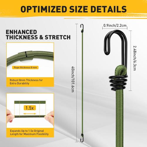 40 Green Bungee Cords with Hooks: 10 Pcs Bungee Cords Heavy Duty Outdoor, Bungie Cord Bundle Assortment with Metal Hook, Bungee Straps for Kayaking, Camping, Garage Storage