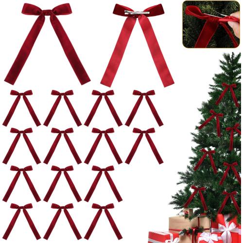16 Pcs Vintage Christmas Tree Red Bow Ornaments with Clip Burgundy Clip Velvet Bows Ribbon with Easy 5.1x7.1 Inch Pre-Tied Small Ornaments for Xmas Decorations Wreath Gift Indoor Outdoor