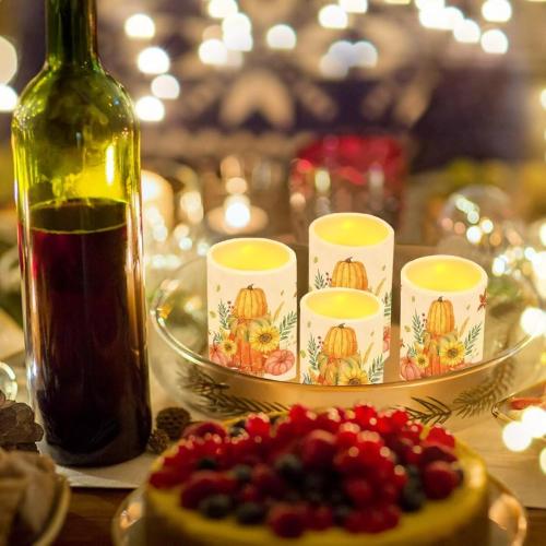 Merkmak 5.7 x 3 Battery Operated Candles with Timer 4Pcs Pumpkin Sunflower Maple Leaf Flameless LED Candles Bulk with Remote Thanksgiving Party Decor Electric Plastic Pillar Lights Bulk